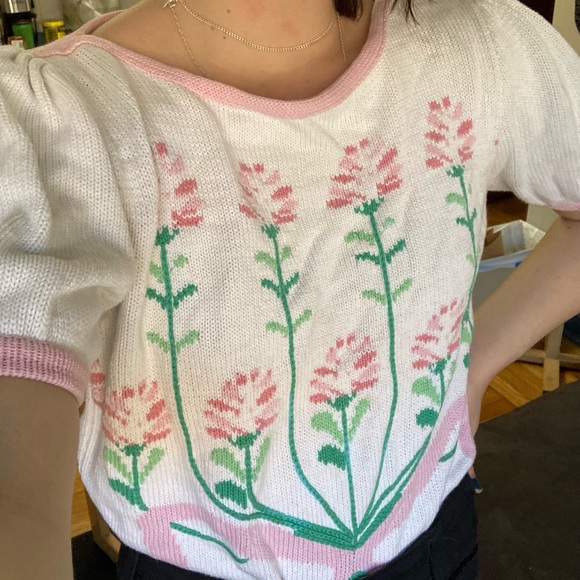 Light Blue 60s Flower Pattern Ribbed Edge Sweater